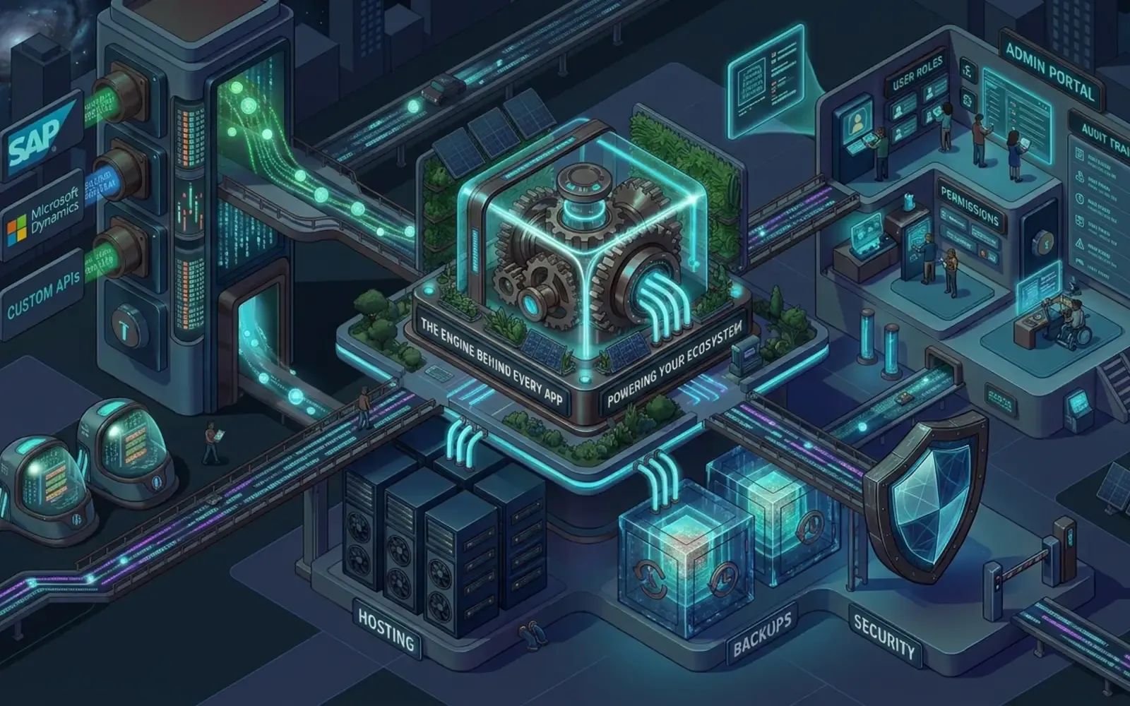 Illustration of an app backend connecting SAP, Microsoft Dynamics and custom APIs to hosting, backups, security and an admin portal