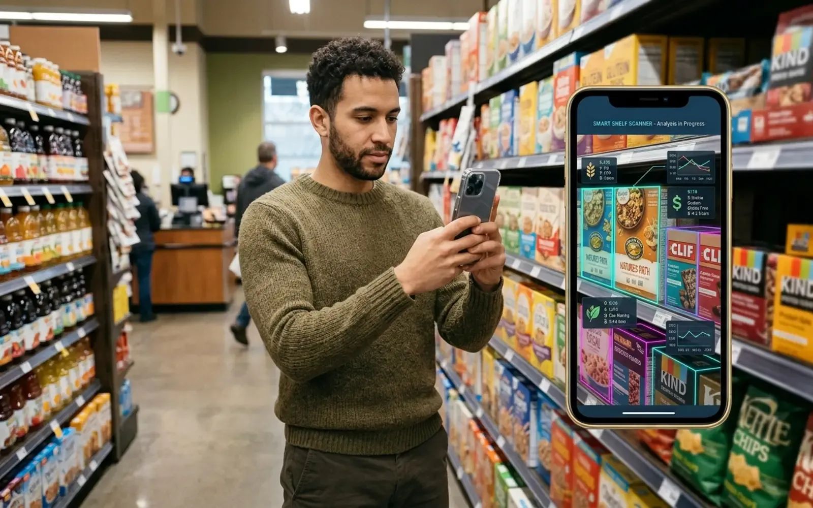 A rep photographs a store shelf while the app recognises products and pricing on screen