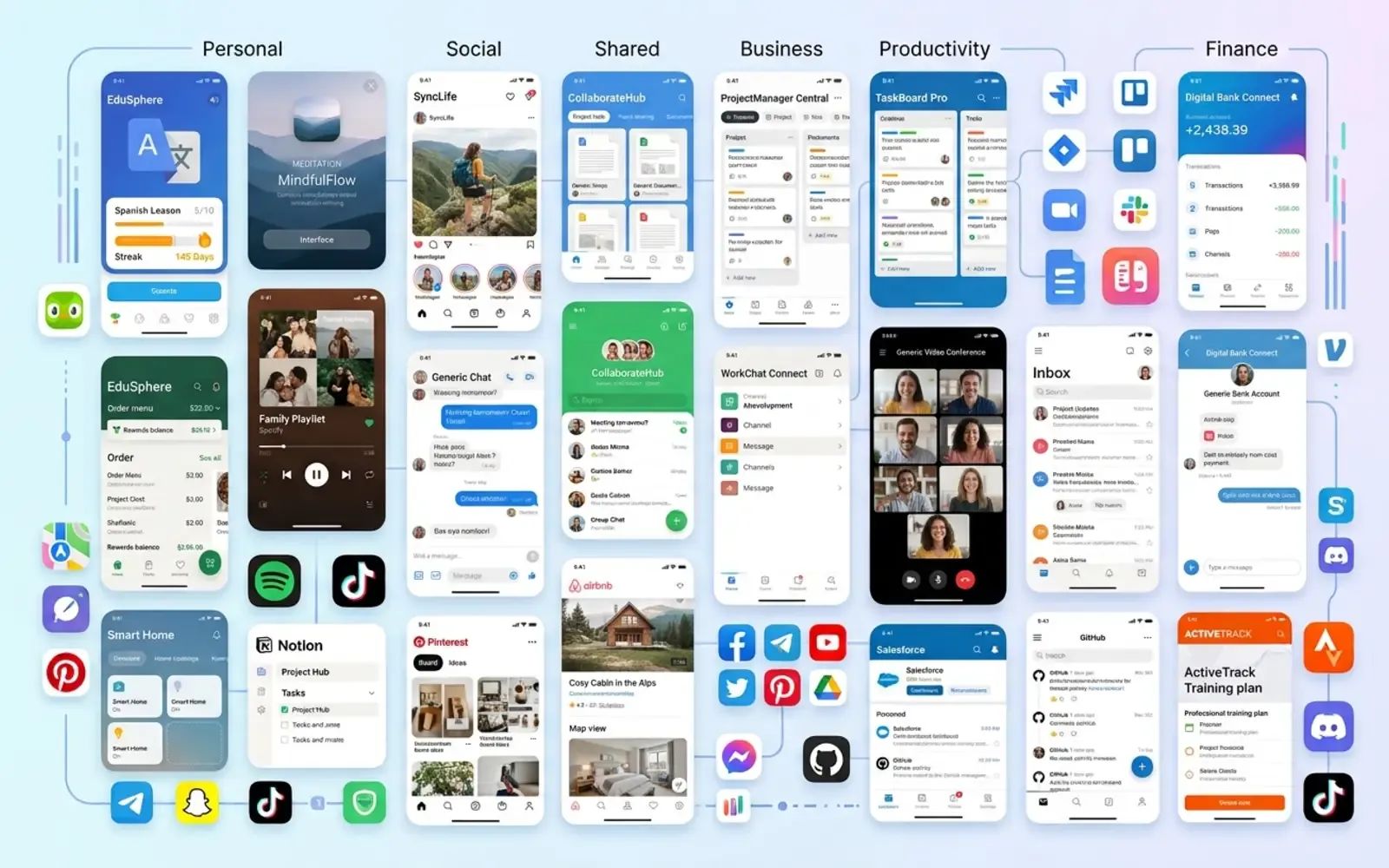 A range of mobile app screens for personal, social, business, productivity and finance use